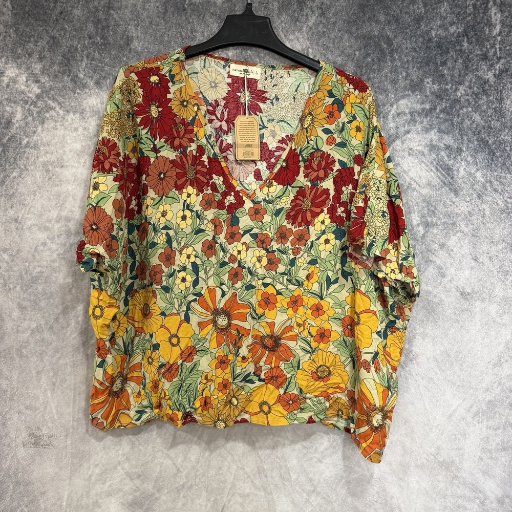 Natural Life Women's Floral Blouse Bell Sleeves Boho Rayon Multicolor L